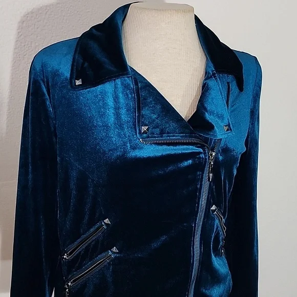 Badgley Mischka Jacket Velvet Chic Moto Turquoise Size S - Picture 6 of 16